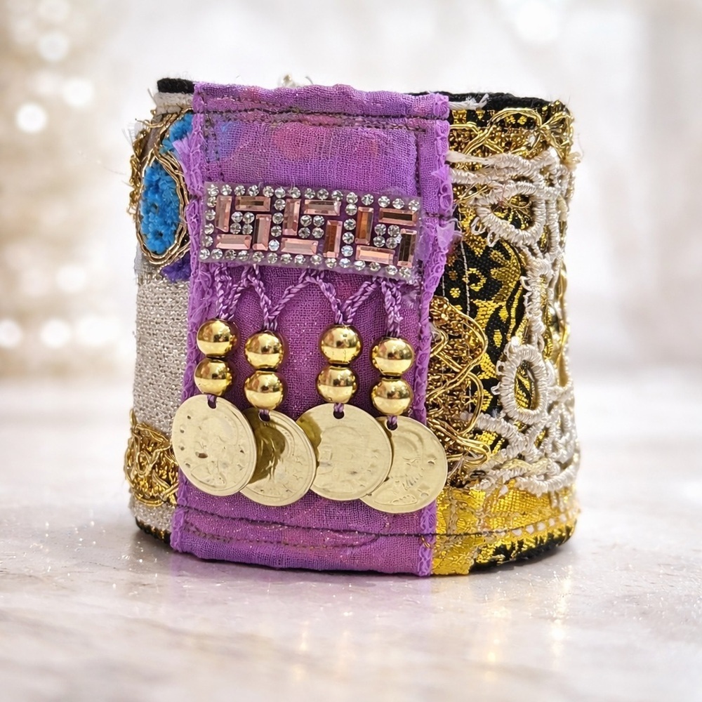 RUBYRUDI Artisan Boho Cuff Bracelet Textile OOAK Handmade Statement Gold Coins